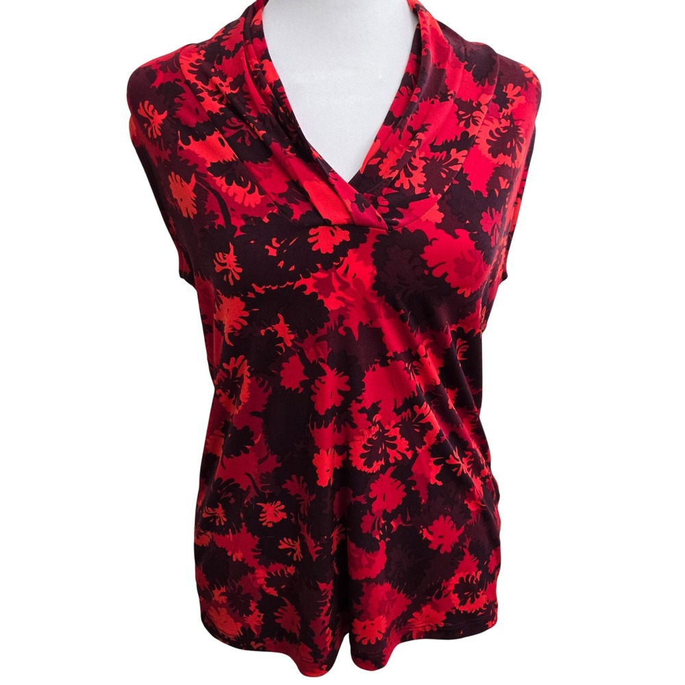 Anne Klein Sleeveless Red Floral Print Cowl Neck Top‎ Women's Size Small Casual